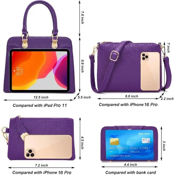 Women's Purple Faux Leather Top Handle High Quality Smooth Zippers Tote Bag - Picture 4 of 7